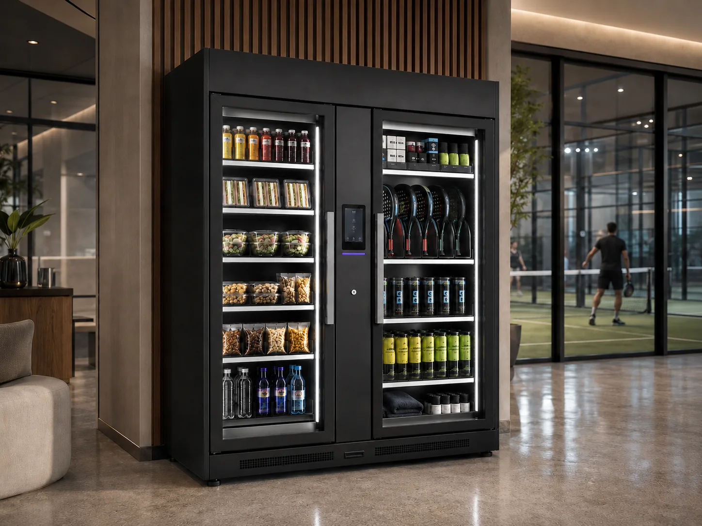 MatchBox L Smart-Vending-Automat in einem modernen Padel-Club mit Snacks, Getränken und Padel-Equipment